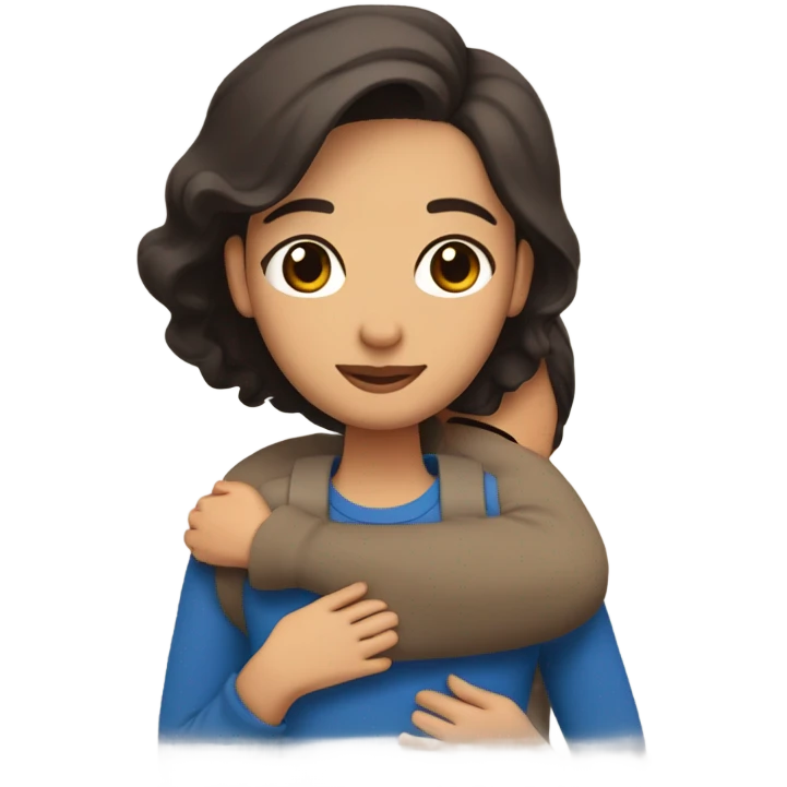 Comforting hug from brunette Puerto Rican with dark brown eyes wearing a cute blue top to short, bald man with brown eyes and a beard wearing a sweater emoji