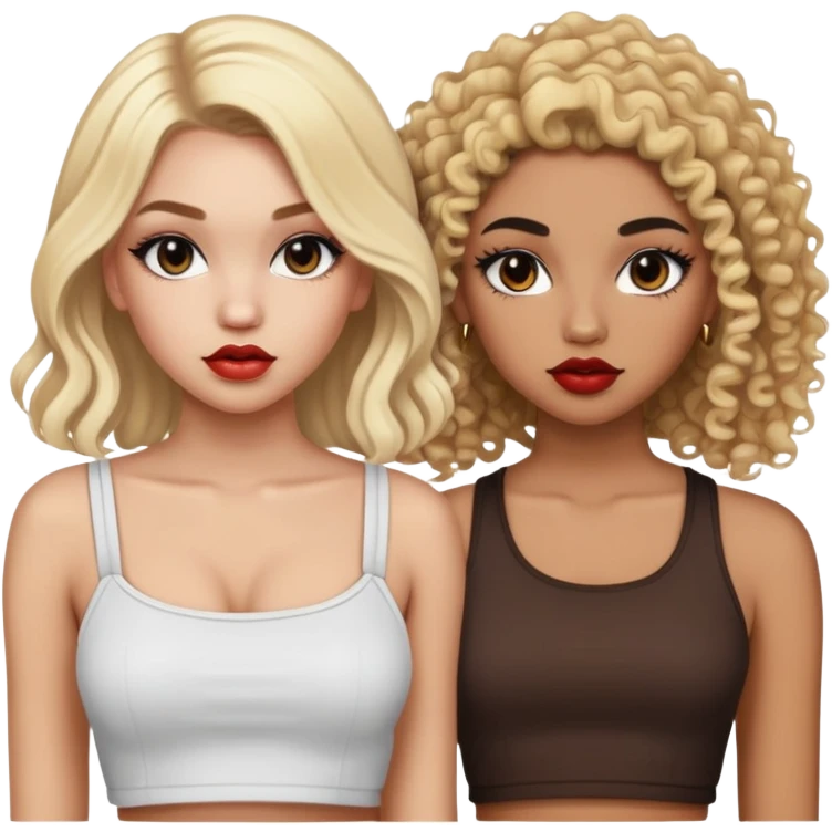 Two teenage girls together, one white with straight blonde hair and one brown-skinned with curly dark hair, both with heavy makeup, big lips, crop tops and choni style clothing emoji