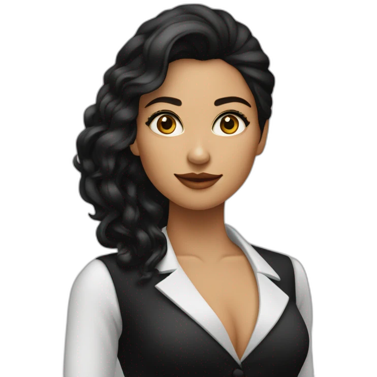 mujer de piel morena ojos marrones pelo largo negro con traje formal negro emoji