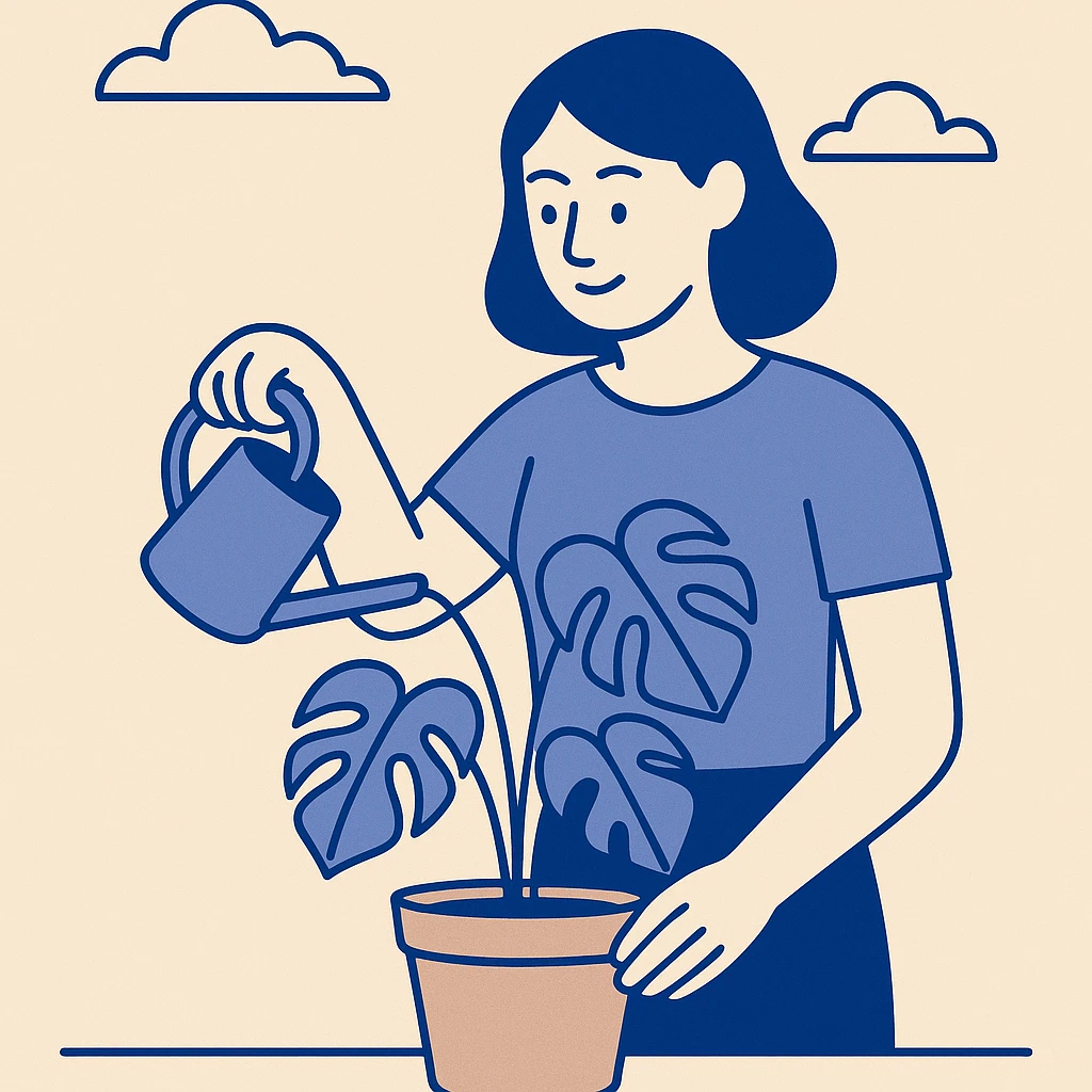 woman watering her monstera plant emoji