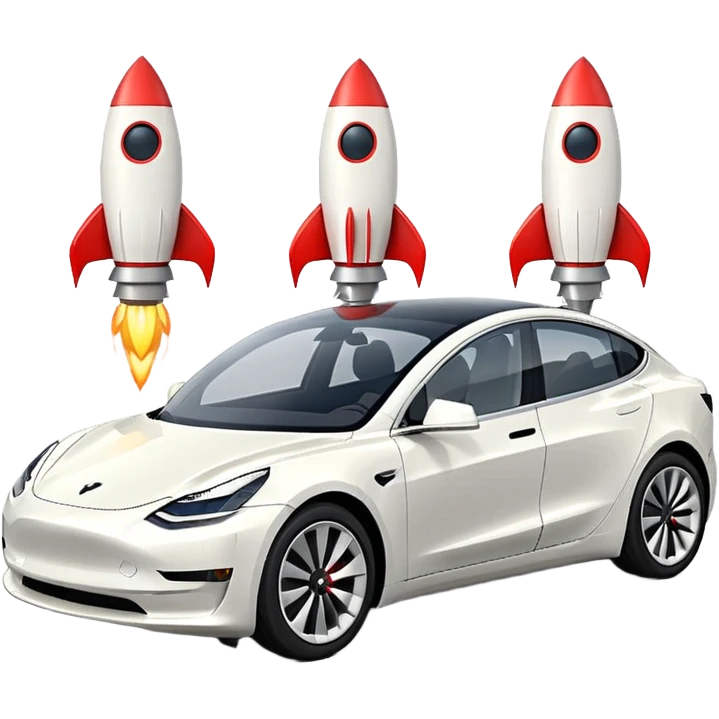 Tesla model 3 white. Two small rockets mounted flat on roof for extra propulsion emoji