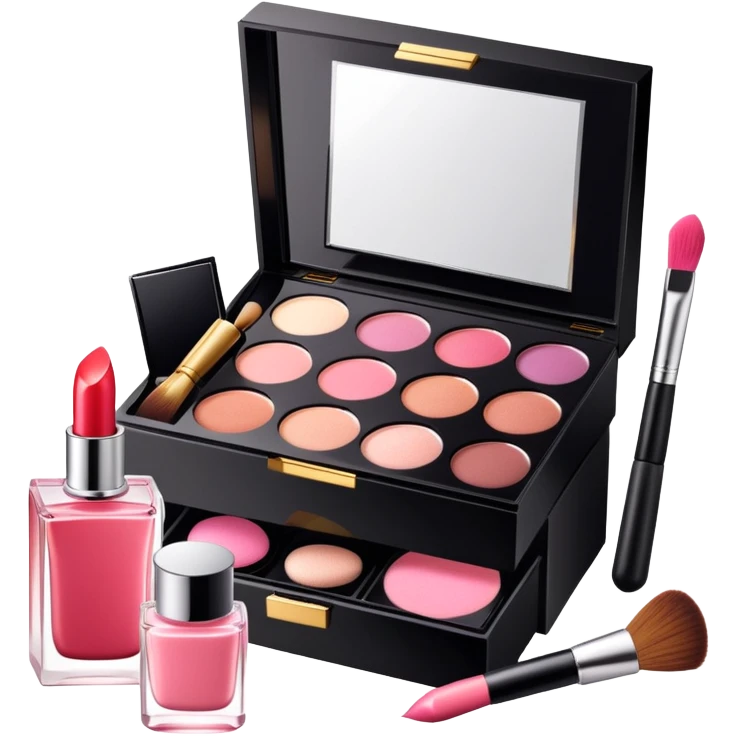 an open box with makeup brushes, compact powder, and perfume bottle spilling out emoji