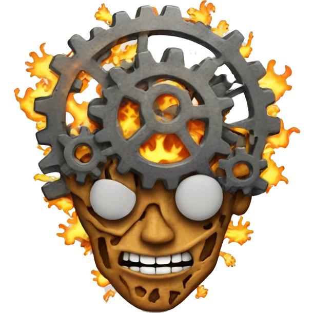 A brain made out of gears with flames licking out from between the gears emoji
