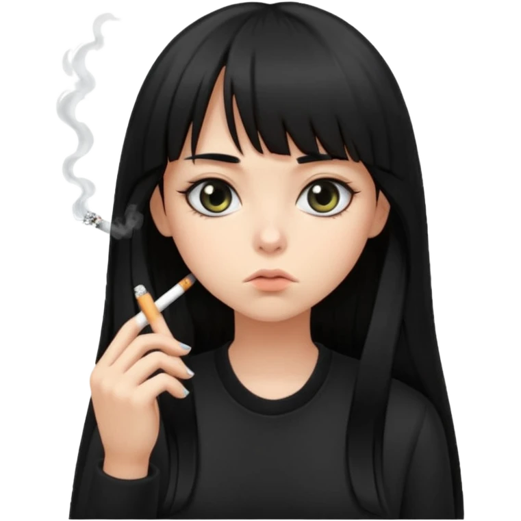 teen girl with long black hair and straight bangs, big eyes looking tired, not smiling, all black clothes, smoking cigarette emoji