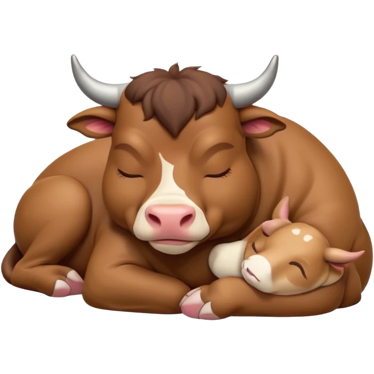 meme-worthy-cute-sleeping-domestic-bull-portrait-emoji,-head-resting-peacefully-with-a-contented-smile,-showcasing-a-robust,-muscular-build-and-a-luxuriously-soft-coat,-eyes-gently-closed-in-serene,-restful-slumber,-simplified,-solid-brown emoji