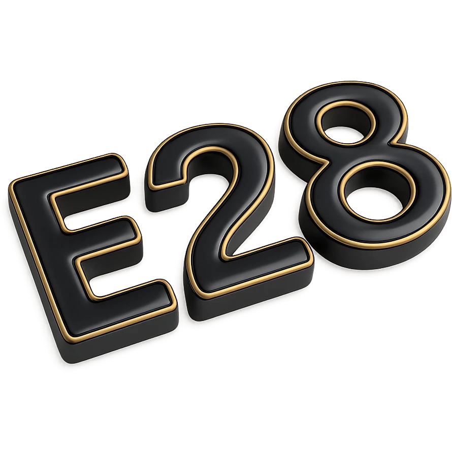3D chrome letter 'E28' with a glossy effect emoji