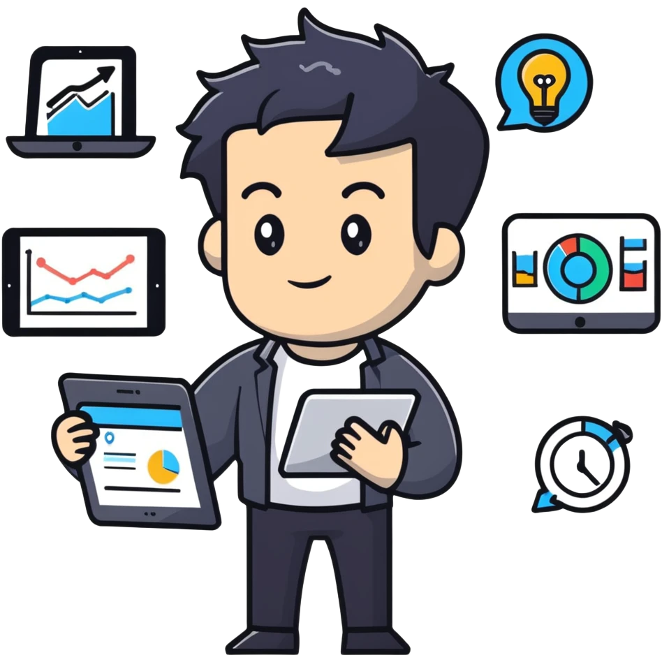 Management educator with black wavy hair, stubble, strong features, white skin, smart casual attire, using tablet with digital analytics dashboard, surrounded by technology icons, innovation-focused pose emoji