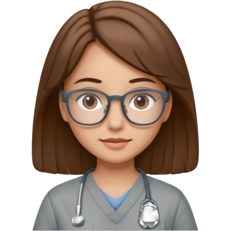 brown haired girl with grey scrubes and brown glasses squre emoji
