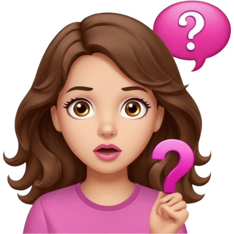 girl with long wavy brown hair, brown eyes, light to medium complexion, in a pink shirt, pink lips, long lashes, surprised, question mark speech bubble emoji
