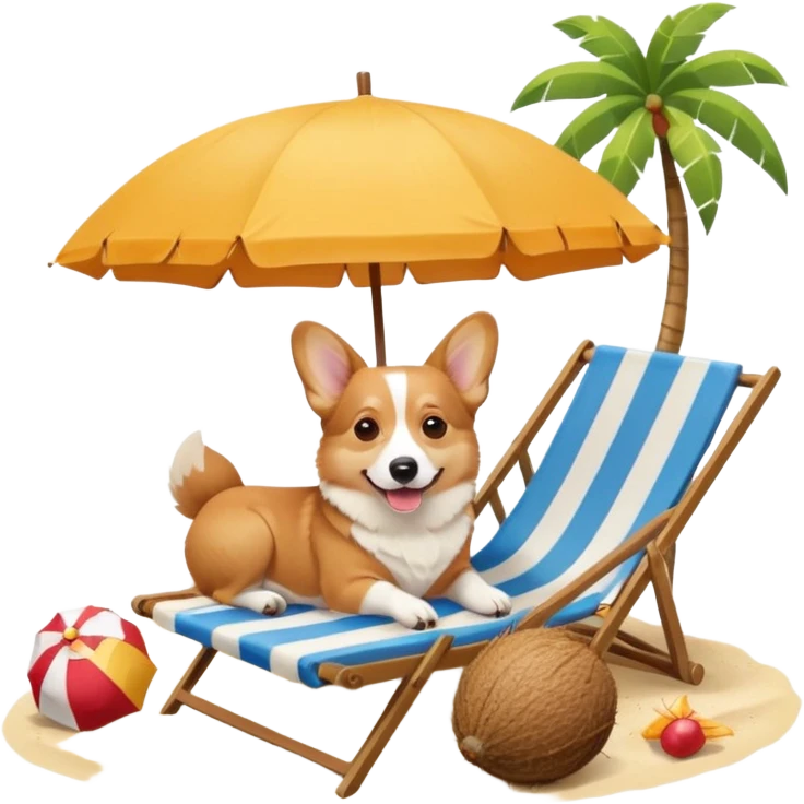 a corgi dog laied on a beach chair, a sunny beach, a sun umbrella, and beach coconut trees. the icon should capture the essence of a relaxing beach vacation with a carefree atmosphere emoji