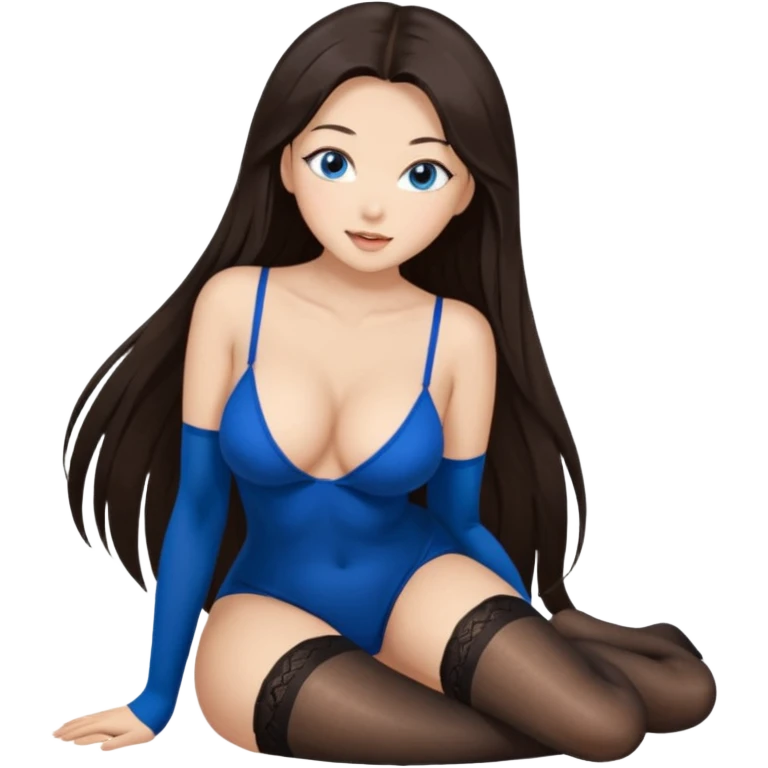 Buxom brunette super long hair intimate sfw blue eyes Asian black nylon stocking pose emoji
