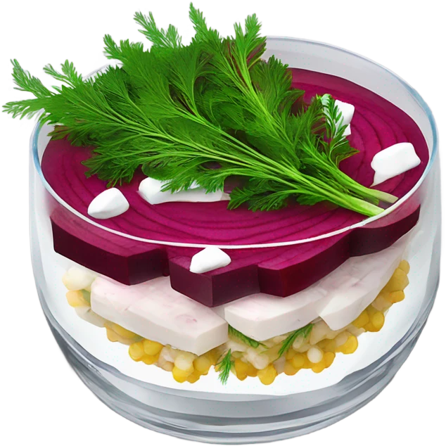 Shuba russian Layered Beet dish  with Herring and mayonnaise in Crystal bowl, dill on top  emoji