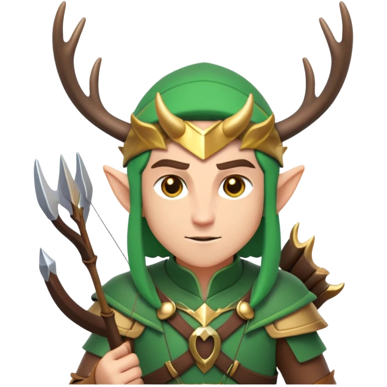 clash-of-clans-aesthetic-focused-elf-archer-portrait-emoji, rendered in a flat, vector-style similar to standard emojis with minimal shading and bold, simplified shapes, head tilted slightly forward with a determined, focused expression, riding a majestic stag with antlers glowing faintly with mystical energy. emoji
