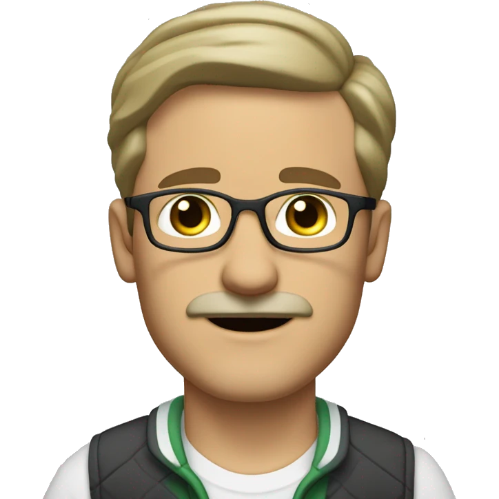 a forty-year-old white man with brown-green eyes, ash-colored short hair, a mustache and a goatee on his chin, wears fashionable glasses and an earring in his left ear emoji