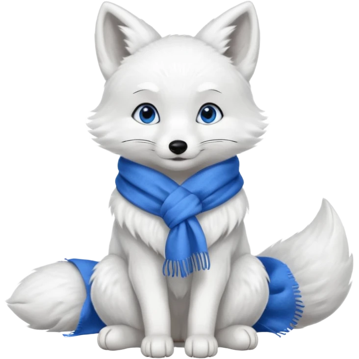 a white fox with blue eyes wearing a blue scarf in a sitting pose emoji