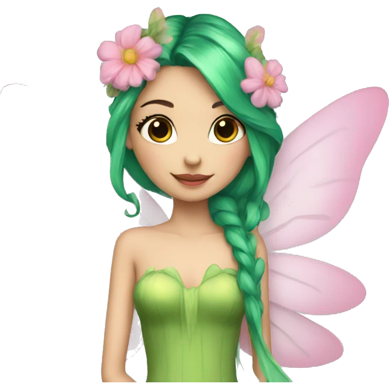 A skinny fairy, green hair, wings, pink dress with flowers  emoji