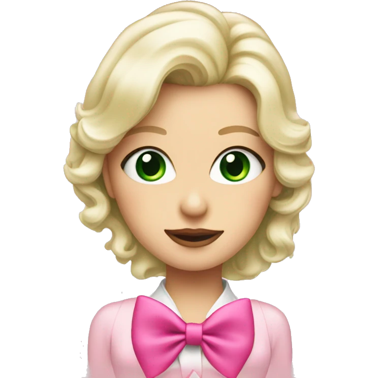 platinum blonde lady with green eyes drinking pink Stanley wearing a pink bow emoji
