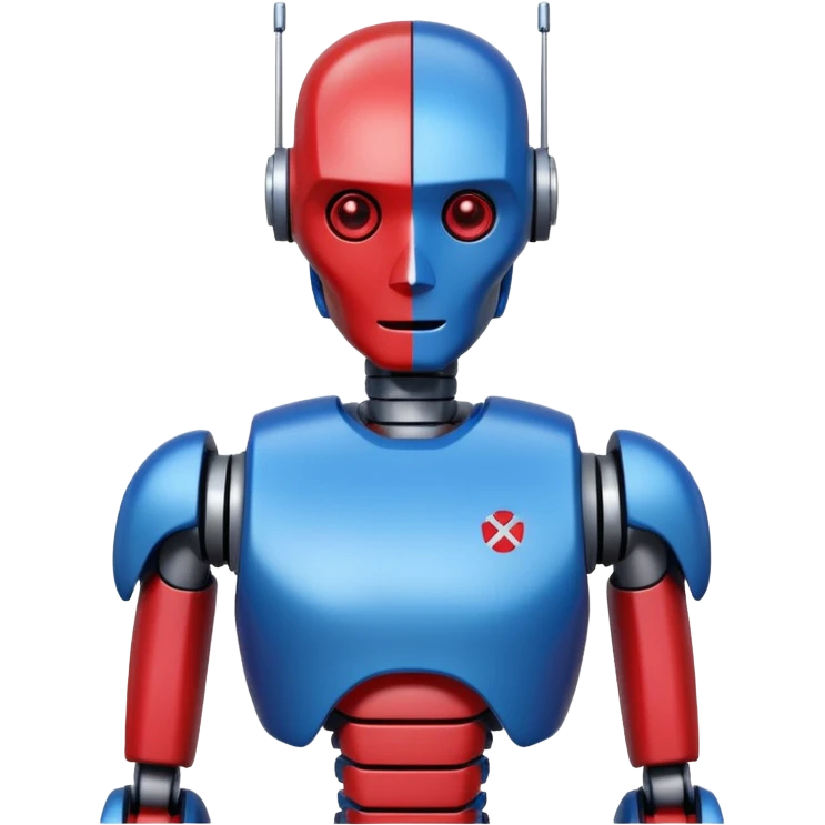 generate robot glossy, realstic, red and blue color, add text on chest "LMX" emoji