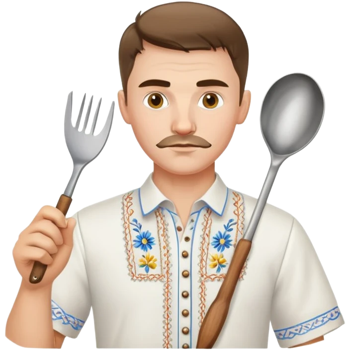 Ukrainian man in traditional white embroidered shirt holding a ladle and kitchen shears emoji