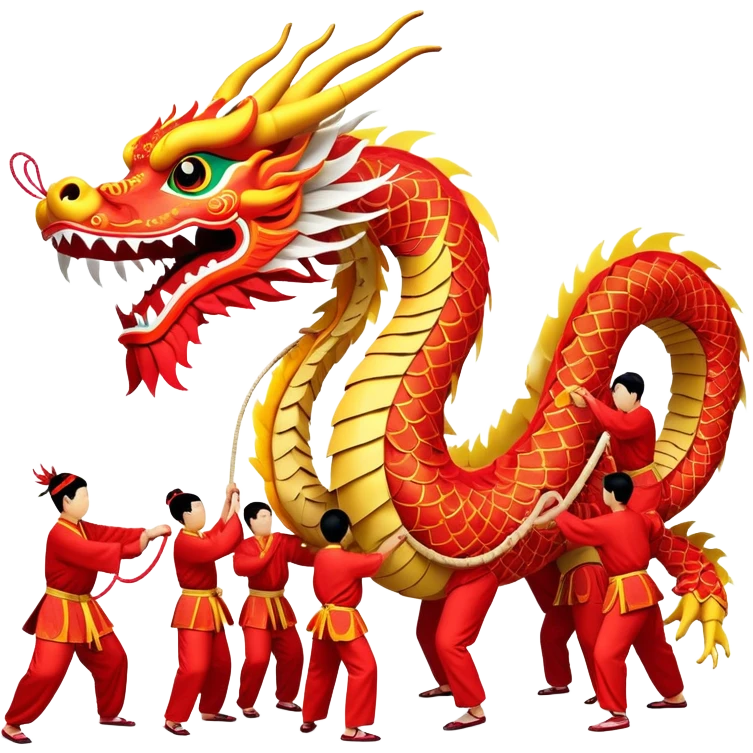 Cinematic Realistic scene of a traditional Chinese Dragon Dance featuring a team of performers skillfully manipulating a colossal, flexible dragon puppet, its intricately detailed, vibrant scales and flowing, embroidered fabric catching the light, set against a festive backdrop of red lanterns and dynamic red-tinged lighting that accentuates the majestic presence of the dragon puppet. emoji