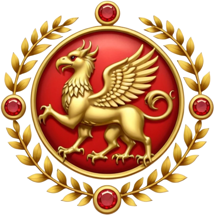 Golden griffin crest / brosch in a circle with red gems and no background emoji