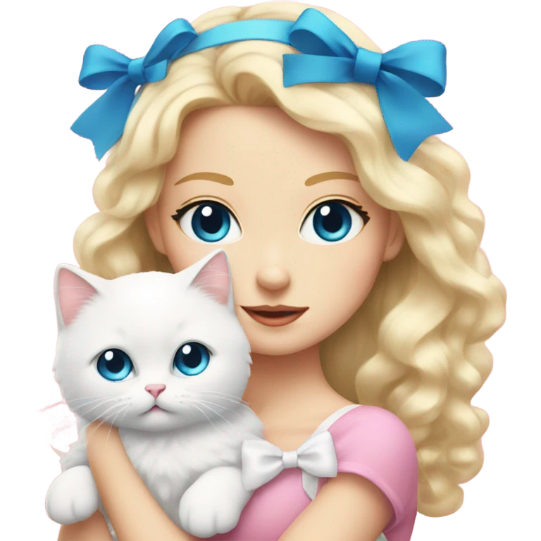 blonde girl with blue eyes and long eyelashes holding a fluffy white cat with a pink bow on its head emoji