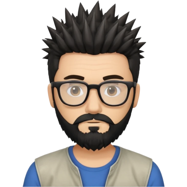 یه پسر سفید پوست با ریش مشکی و مدل موی جذاب که موهاش رو به بالاهست و عینک زده مدل موهاش اسپایکی باشه و لباسش هم رسمی نباشه emoji
