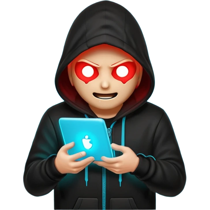 Black-hooded neon hacker emoji, red and cyan glow only, slamming glowing text “FTHESCAMMERS” with impact flash, aggressive anti-scam vibe, smooth 2-second loop, transparent background, Discord sticker style, no new colors. emoji