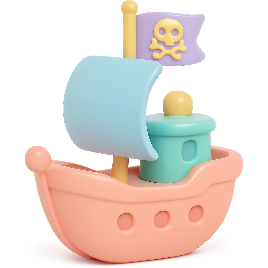 pirate ship, smooth glossy vinyl figure, minimalist design, pastel colors, designer toy aesthetic emoji