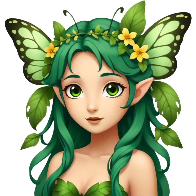 Cinematic Realistic Forest Nymph Fairy Portrait, head tilted playfully and inquisitively, showcasing a nature-inspired form with intricately detailed, sunlit tanned skin and cascading dark green hair interlaced with leaves and blossoms showing her large butterfly wings from her back. Her bright, curious eyes sparkle with forest mischief, rendered with lifelike clarity and warm, dappled lighting that captures the spirit of an enchanting woodland fairy ready to dance among the trees. emoji