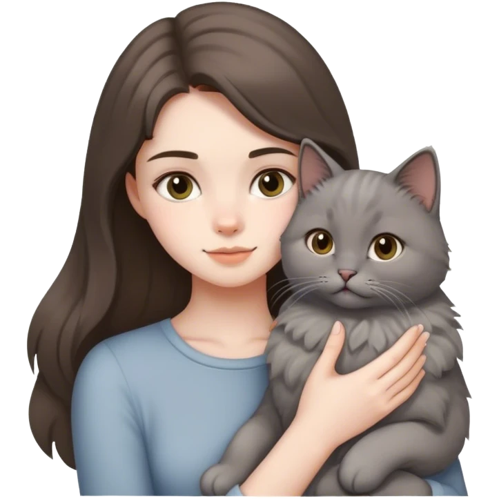pale brunette girl petting her gray cat emoji