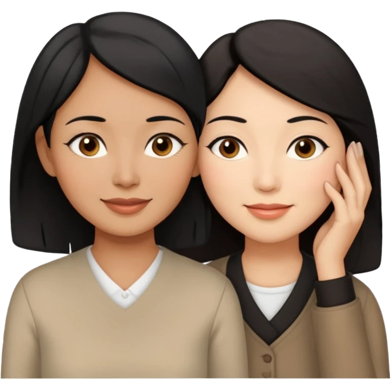 Middle aged brown woman with black hair, beside a middle aged asian woman with dark brown hair touching their cheek emoji