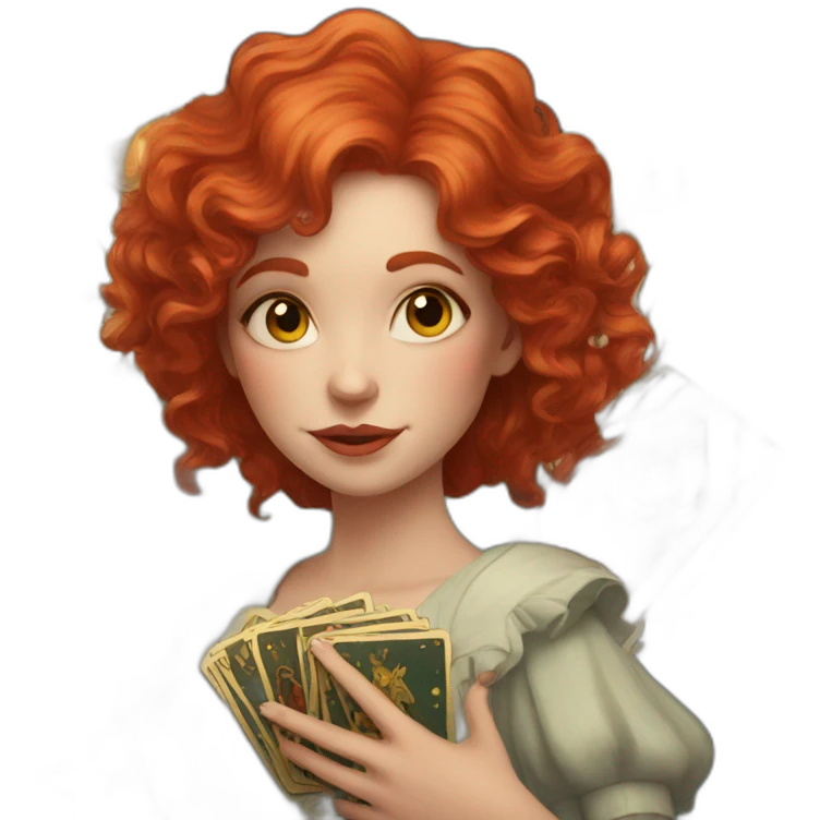 a wavy red haired girl with a deck of tarot cards emoji
