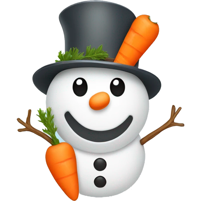 Snowman with a hat, branches as arms and a happy face with a carrot as a nose emoji