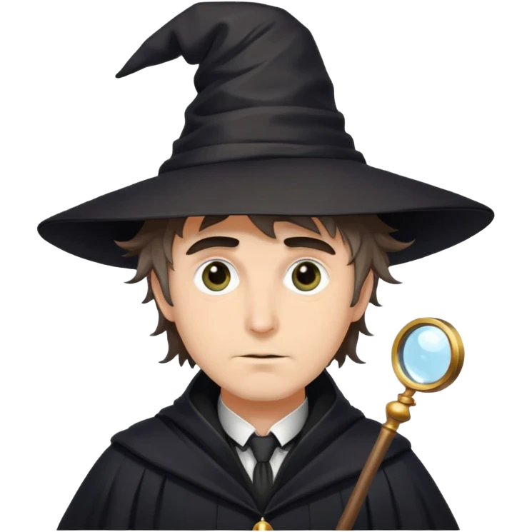 a black chaired man with messy hair wearing a  wizard hat, robe (both black) and a monocle on his right eye emoji