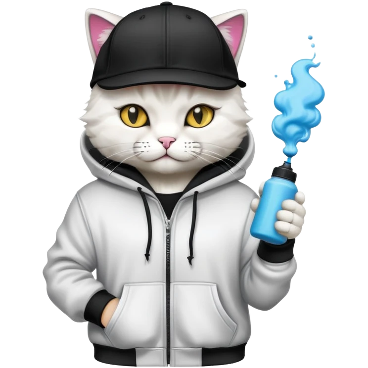 cat wearing a black snapback cap and black hoodie doing graffiti art with spray paint, street art style emoji