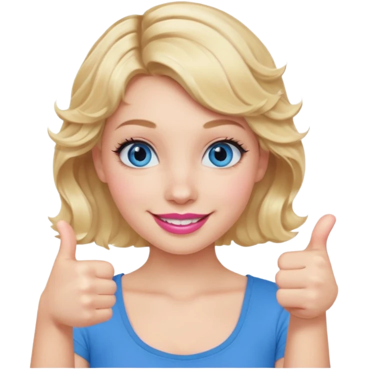 Girl Blonde short wavy hair,  blue eyes, cute blue top, long lashes, pink lips, smiling, thumbs up emoji