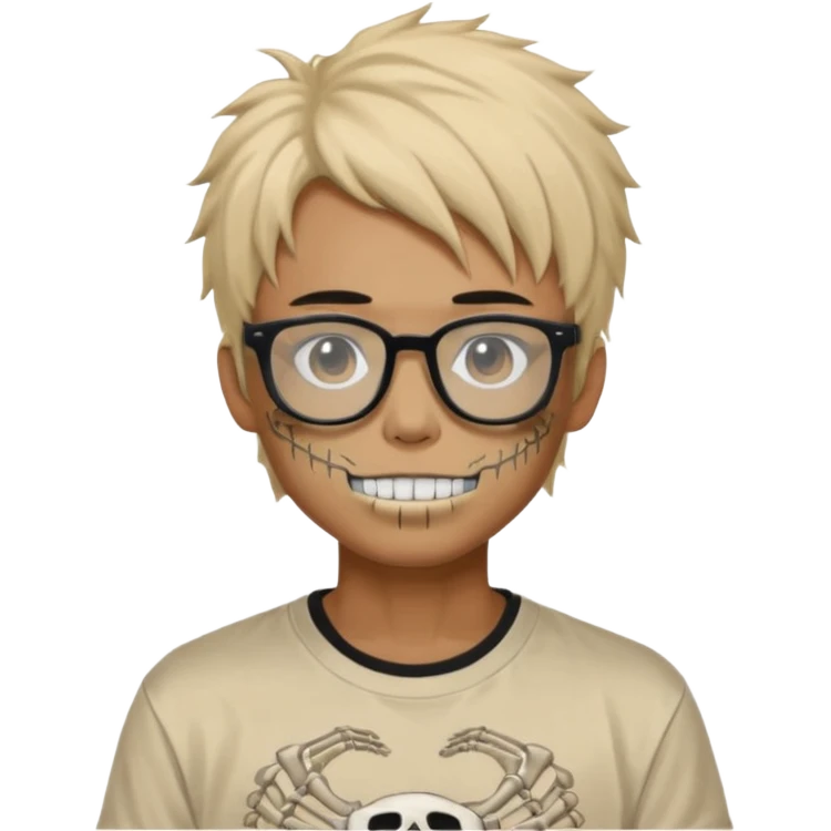 anime hair guy with skeleton makeup. wearing a stussy tshirt with glasses emoji