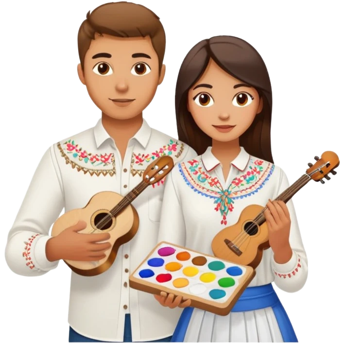 a guy in a white Ukrainian embroidered shirt and a girl in a white Ukrainian embroidered shirt, holding music and a paint palette emoji