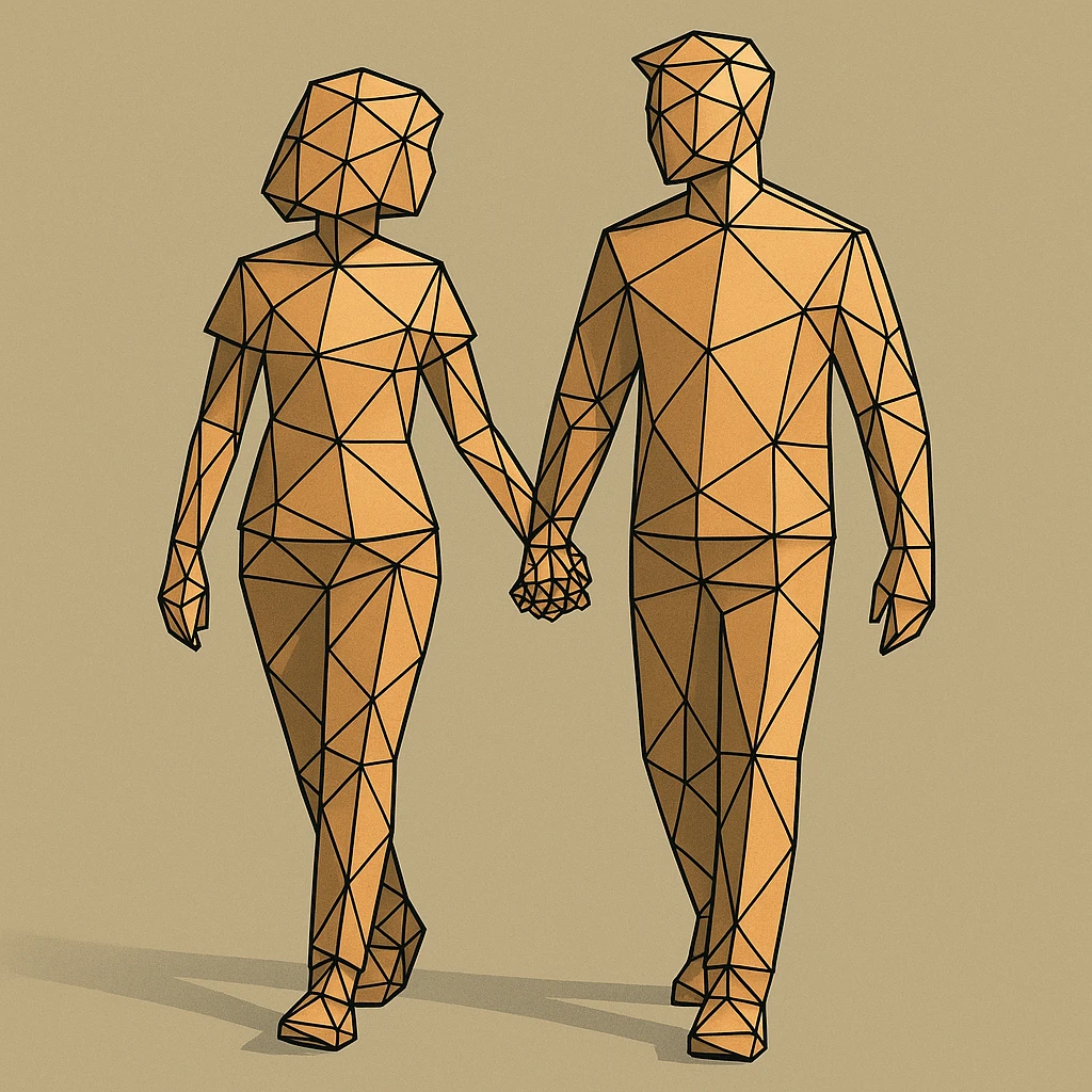 couple walking side by side, holding mesh hands. emoji