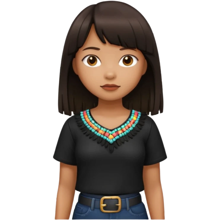 Philippino girl in black fringed shirt, with hand on hip emoji