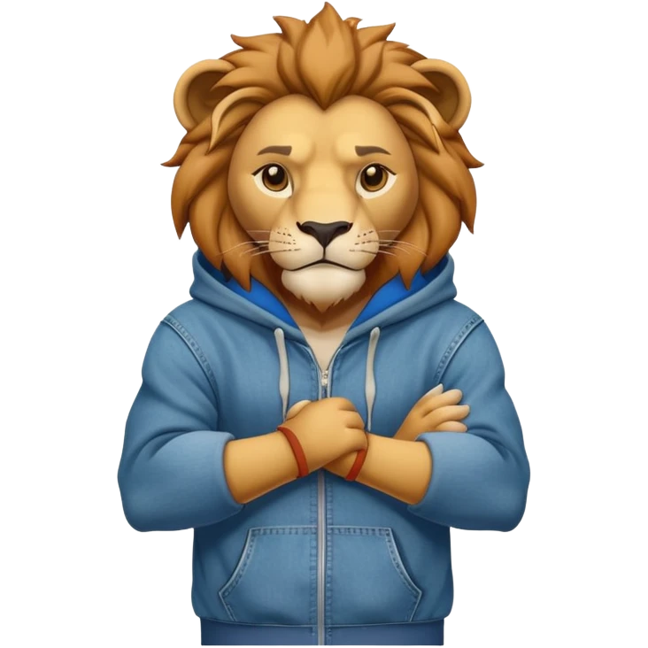 determined anthropomorphised lion in a hoodie and jeans with arms folded, energetic pose emoji