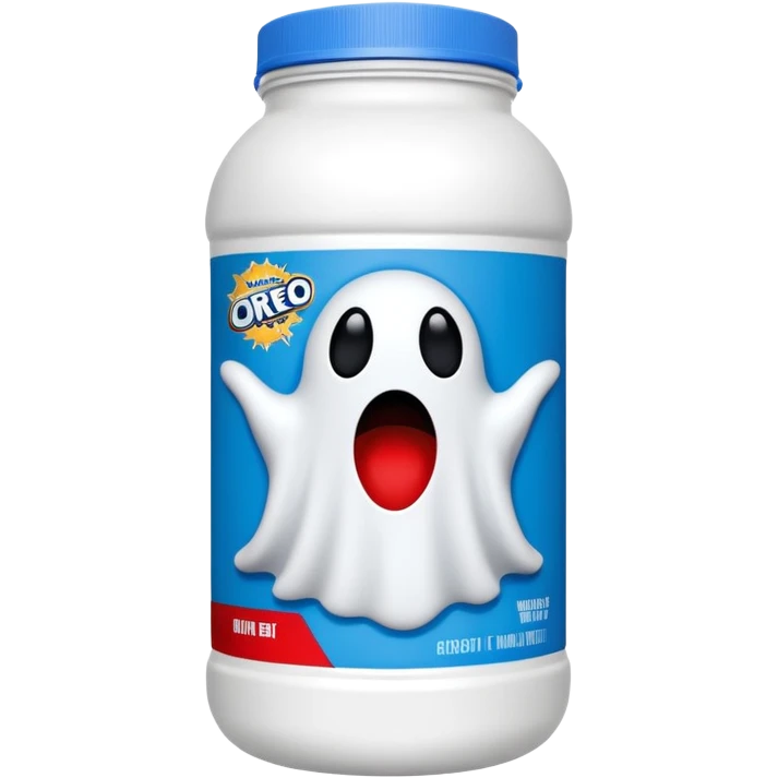 “Front-facing Ghost whey protein powder bottle, tall white plastic tub with wide shoulders and bold red lid. Blue and black Oreo-inspired label with the white GHOST logo and small ghost mascot. Clean studio lighting, soft shadow, realistic emoji-style product, centered on white background.” emoji