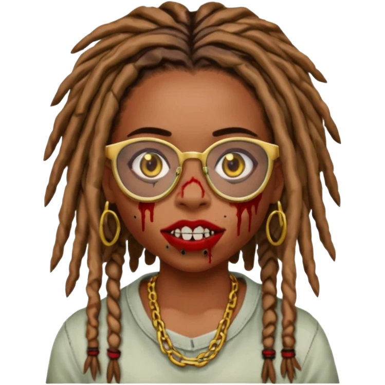 an african american girl with mid back length dread locs black glasses scar on the right side of face its like a red brown line im gold grills zombie mouth locs upfront emoji