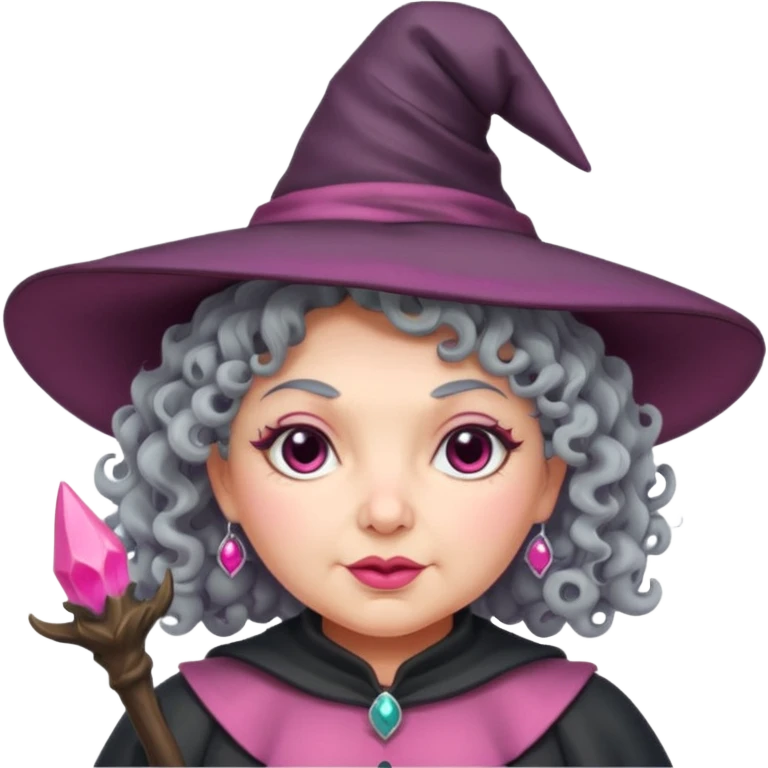 plump witch with pink skin, grey curl hair emoji
