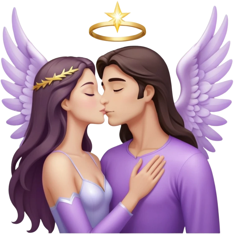 White brunette human man with rays of light Heart kisses a pastel purple angel woman emoji