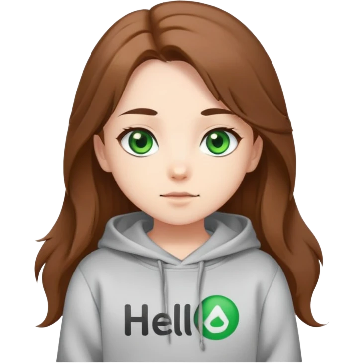Chibi girl with green eyes, long brown unruly hair, S-With shaped eyebrows. Dressed in a sweatshirt. Says hello.  emoji