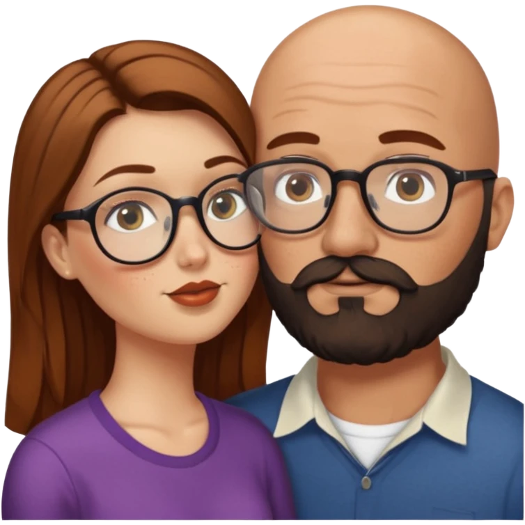 Couple. Bald man with dark brown-black beard. White woman with many small, faded freckles, she has white skin and she has auburn-brown-cinnamon, dark long hair. She has light brown eyes. The man have hazel eyes and glasses. She have light eyes. Retro style. She kisses him. emoji