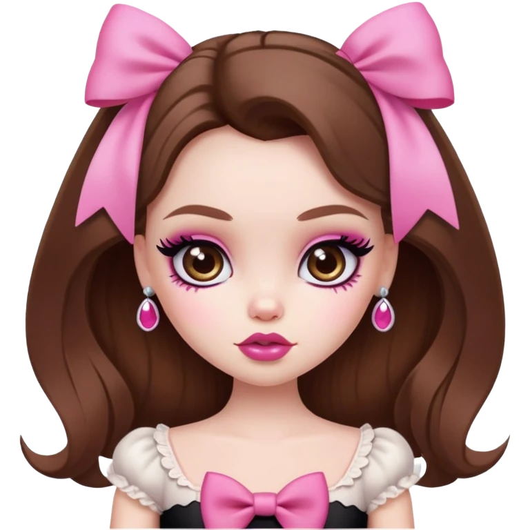 pretty bratz baddie, pale skin, brown hair, pink bow, cute emoji