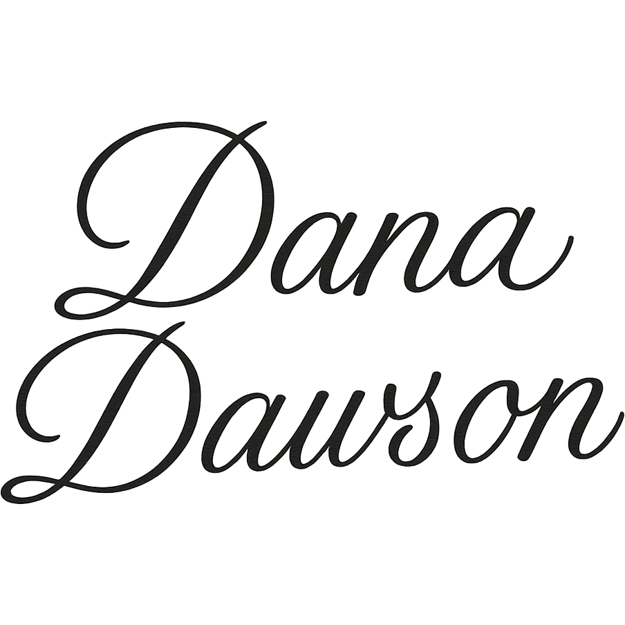 elegant script wordmark of 'Dana Dawson', flowing cursive, minimal, black and white emoji